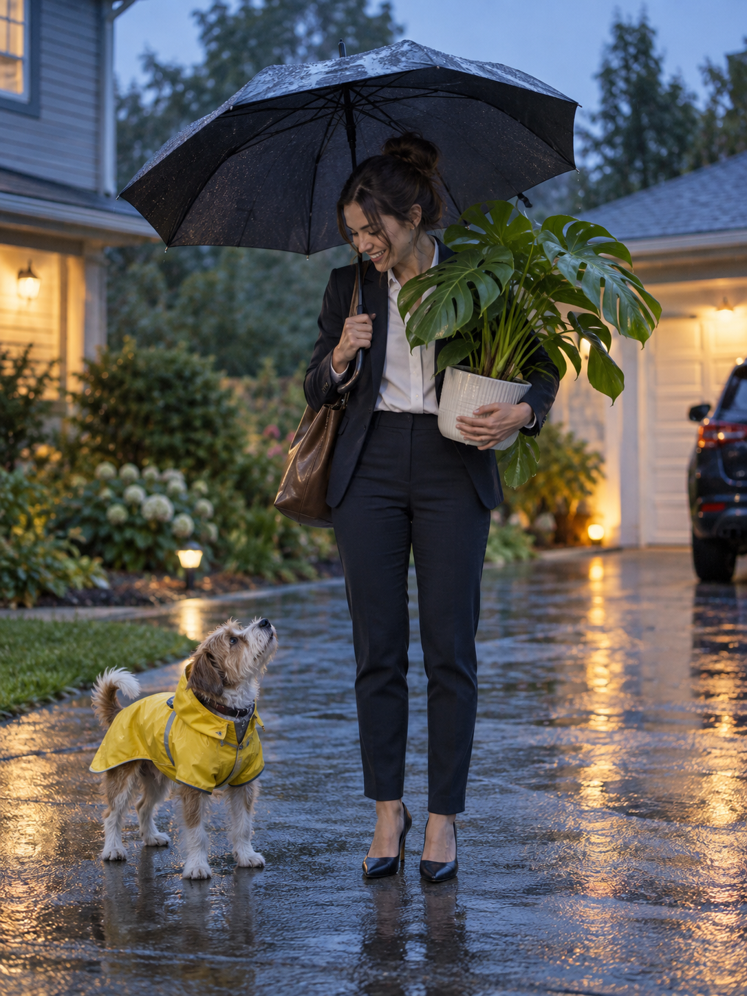 A woman carrying a houseplant under an umbrella while a dog in a yellow raincoat looks up.